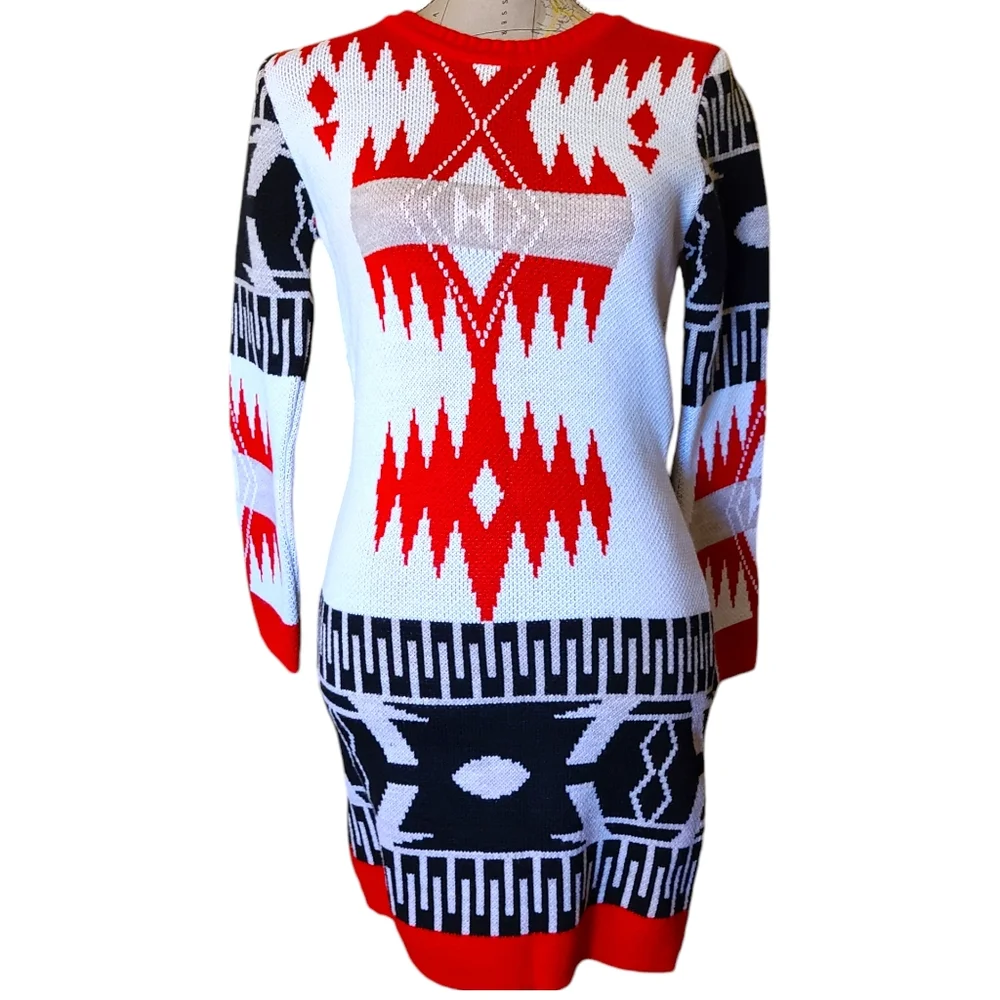 NWT One in a Million Size Small Red White Nordic Long Sleeve Sweater Mini Dress